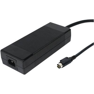 Adaptateur secteur noir avec câble se terminant dans un boîtier rectangulaire et une fiche ronde à l'extrémité du câble.