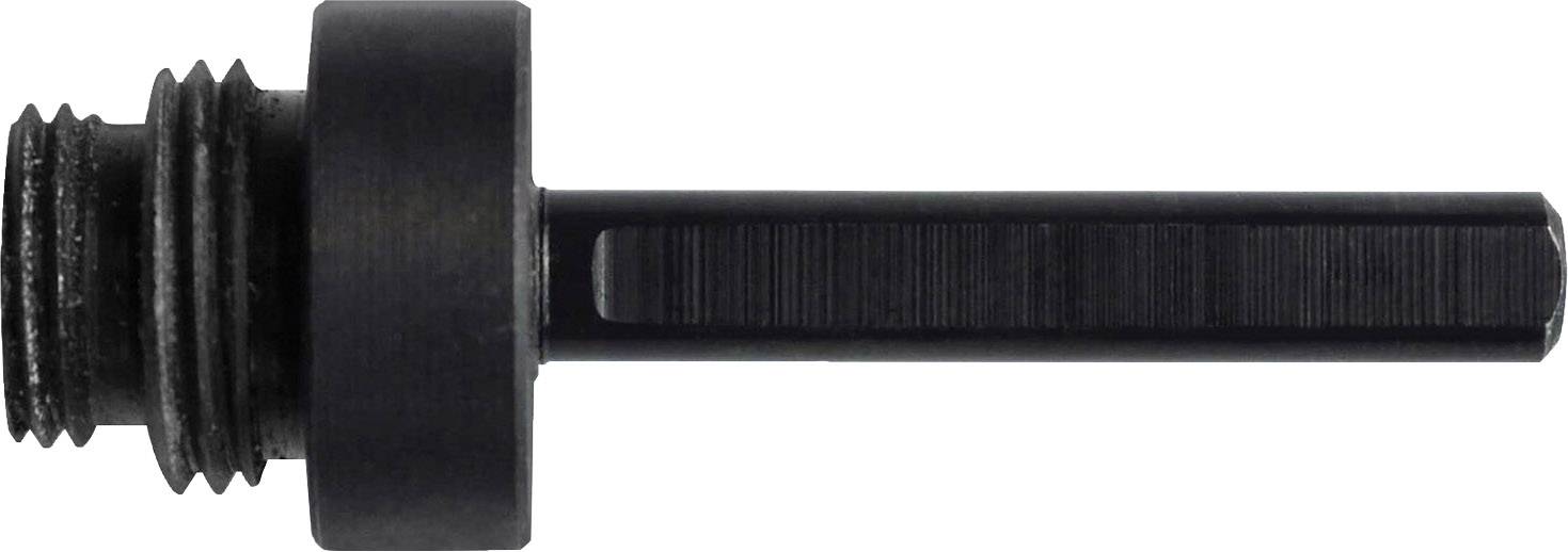 Un adaptateur de perçage noir avec un filetage sur le côté gauche et une tige hexagonale.