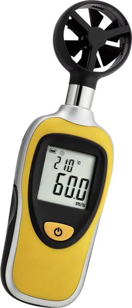 Anémomètre portable jaune avec affichage numérique indiquant 21°C et une vitesse du vent de 6,0 m/s. Un ventilateur est visible en haut de l'appareil.
