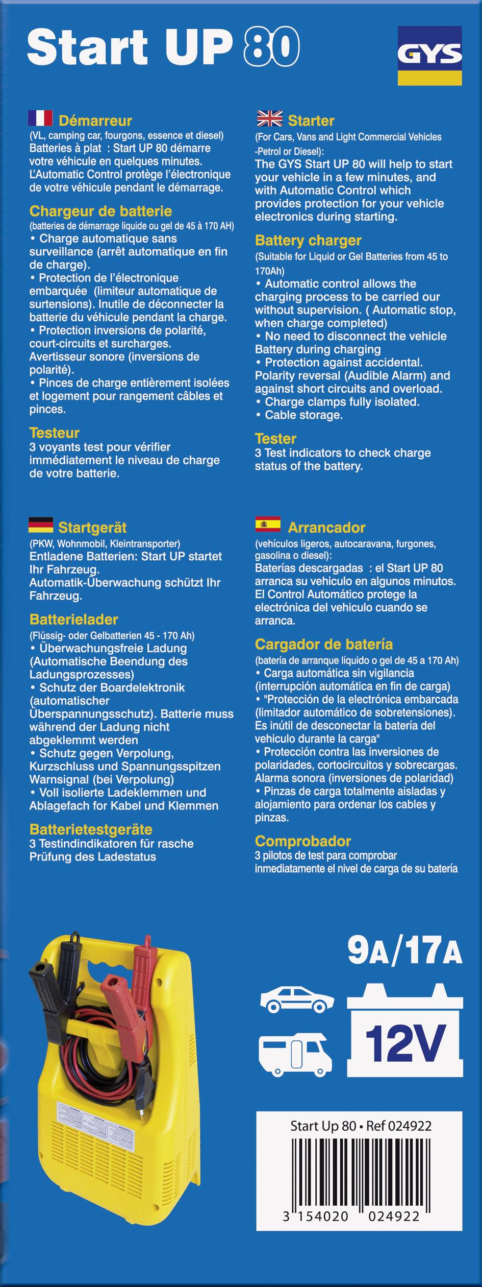 Fond bleu avec du texte en plusieurs langues. En bas, un chargeur de batterie jaune avec des câbles est représenté. Le texte décrit les fonctionnalités et les détails techniques du produit "Start UP 80".