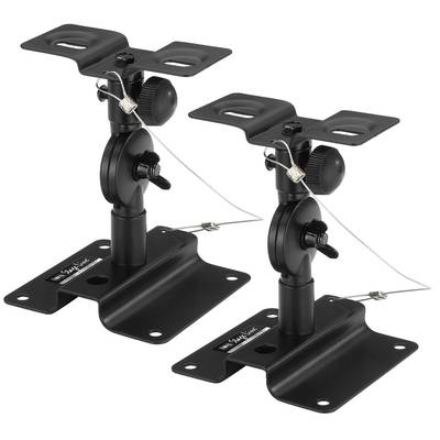 Supports de haut-parleurs noirs avec articulations et vis réglables. Adaptés pour la fixation murale ou plafonnière des haut-parleurs.