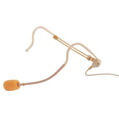 Micro-casque avec bras de support couleur peau et bonnette orange, adapté pour les présentations et les performances sur scène.