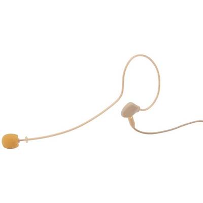 Un micro-casque beige avec un protège-vent en mousse jaune. Le microphone est incurvé, idéal pour les présentations ou les performances.