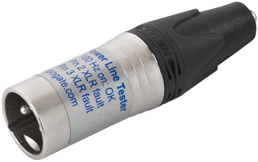 Testeur de connecteur XLR en métal avec poignée en plastique noir. Le texte sur l'appareil décrit les fonctions de diagnostic en cas de problèmes de connexion.