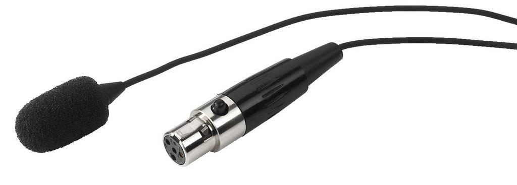 Un microphone à épingle noir avec câble et connecteur métallique argenté, adapté pour les enregistrements sonores ou les diffusions en direct.