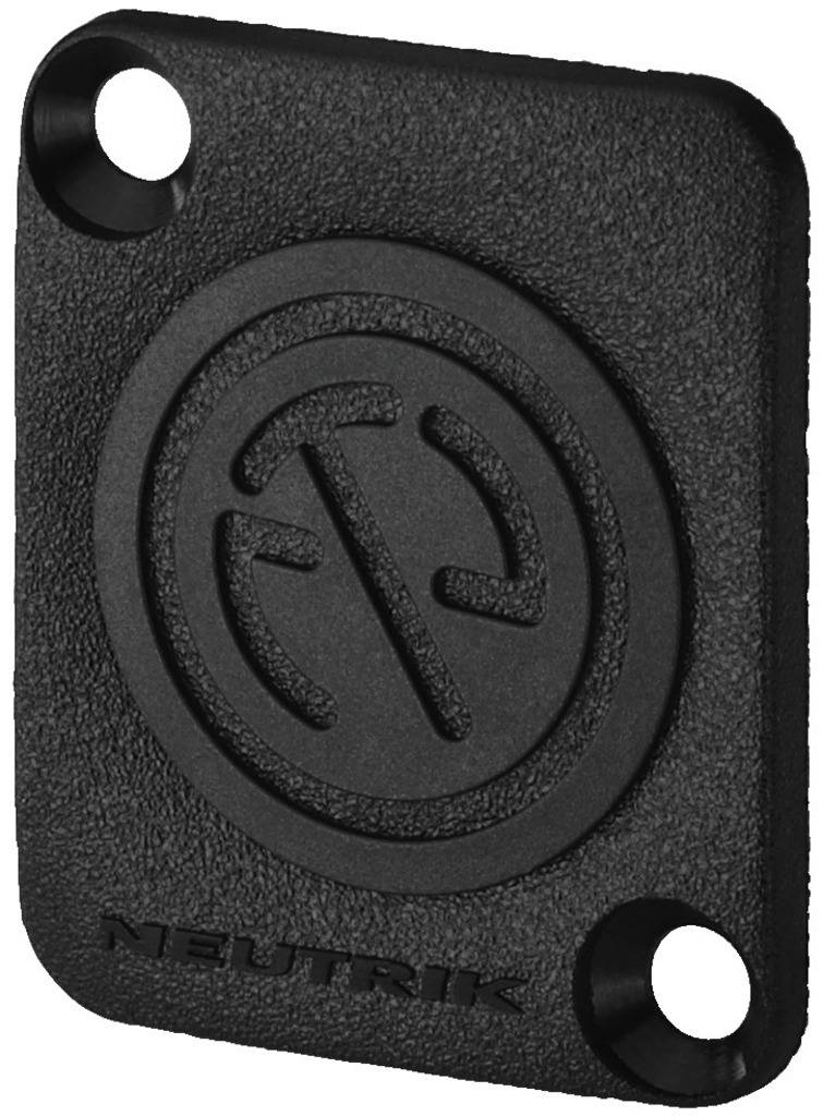 Plaque de couverture en plastique noir avec logo embossé et deux trous de fixation, fabriquée par Neutrik.