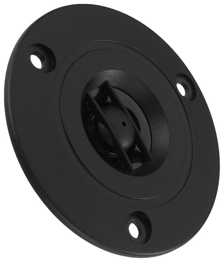 Haut-parleur rond noir avec trois trous de fixation, vue latérale.
