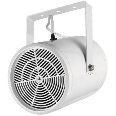 Un haut-parleur blanc cylindrique avec une grille sur la face avant et un support de fixation pour montage au plafond ou au mur.
