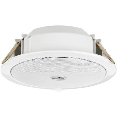 Un haut-parleur de plafond rond, blanc, avec une grille métallique et des supports sur les côtés. Principalement utilisé pour la diffusion sonore dans les espaces intérieurs.