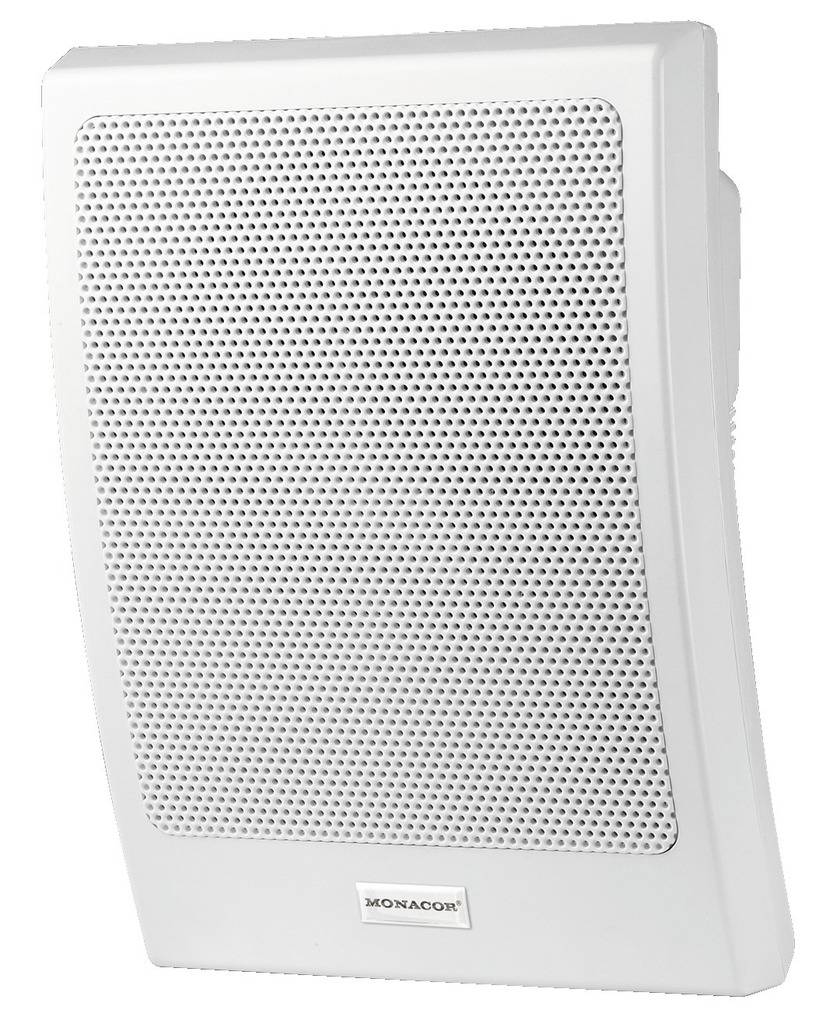 Un haut-parleur mural blanc avec un design en grille et le logo 'Monacor' en bas.