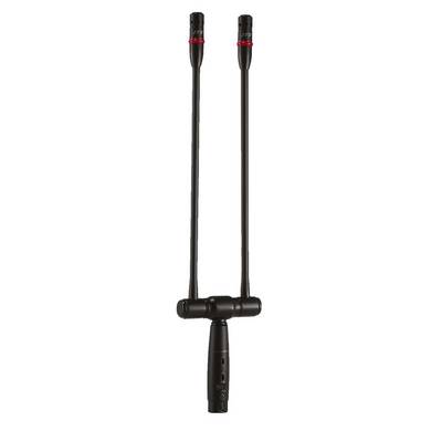 'Microphone dual noir avec des accents rouges, deux tiges flexibles longues, adapté pour les enregistrements audio.'