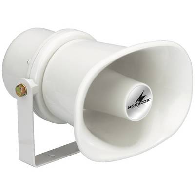 Haut-parleur mégaphone blanc avec support, utilisé pour des annonces sonores ou de la musique dans les espaces publics.