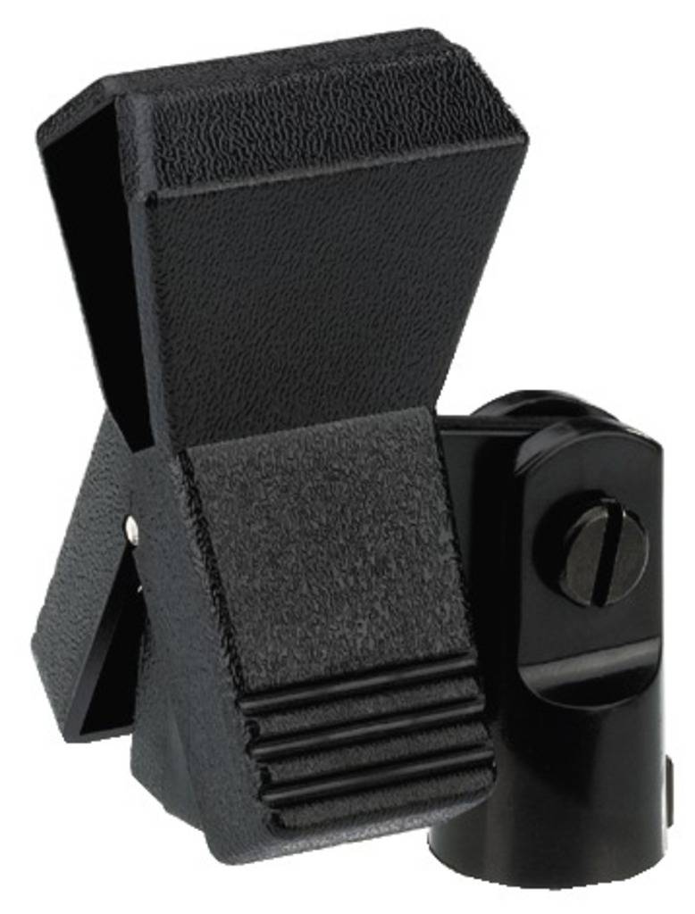 Support de microphone noir en plastique avec angle d'inclinaison réglable, adapté pour la fixation sur un pied de microphone.
