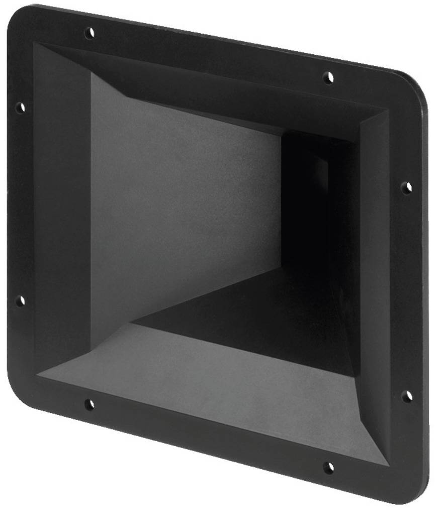 Un pavillon de haut-parleur rectangulaire noir avec des bords biseautés et plusieurs trous de fixation sur les bords.