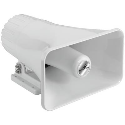 Haut-parleur blanc en forme de pavillon, conçu pour une installation murale et adapté aux espaces extérieurs.