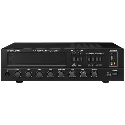 Amplificateur PA Monacor PA-1200 avec boutons rotatifs pour le volume et l'égalisation sonore, sélection des enceintes et indicateur de niveau à LED.