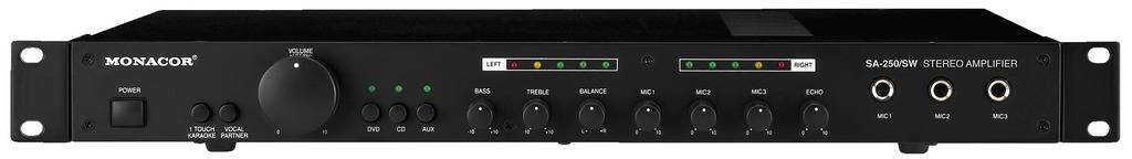Amplificateur audio noir avec boutons de réglage et connexions pour le traitement audio. Nom de marque 'Monacor' en haut à gauche.