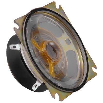 Un haut-parleur circulaire dans un boîtier, vu de biais depuis le haut, montre sa membrane et son aimant.