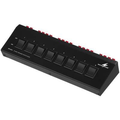 Un commutateur de haut-parleur rectangulaire noir avec huit touches numérotées et une touche marche/arrêt sur le côté.