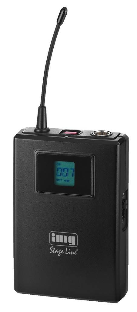 Système de microphone sans fil portable avec affichage LCD et antenne, adapté aux performances sur scène ou aux présentations.
