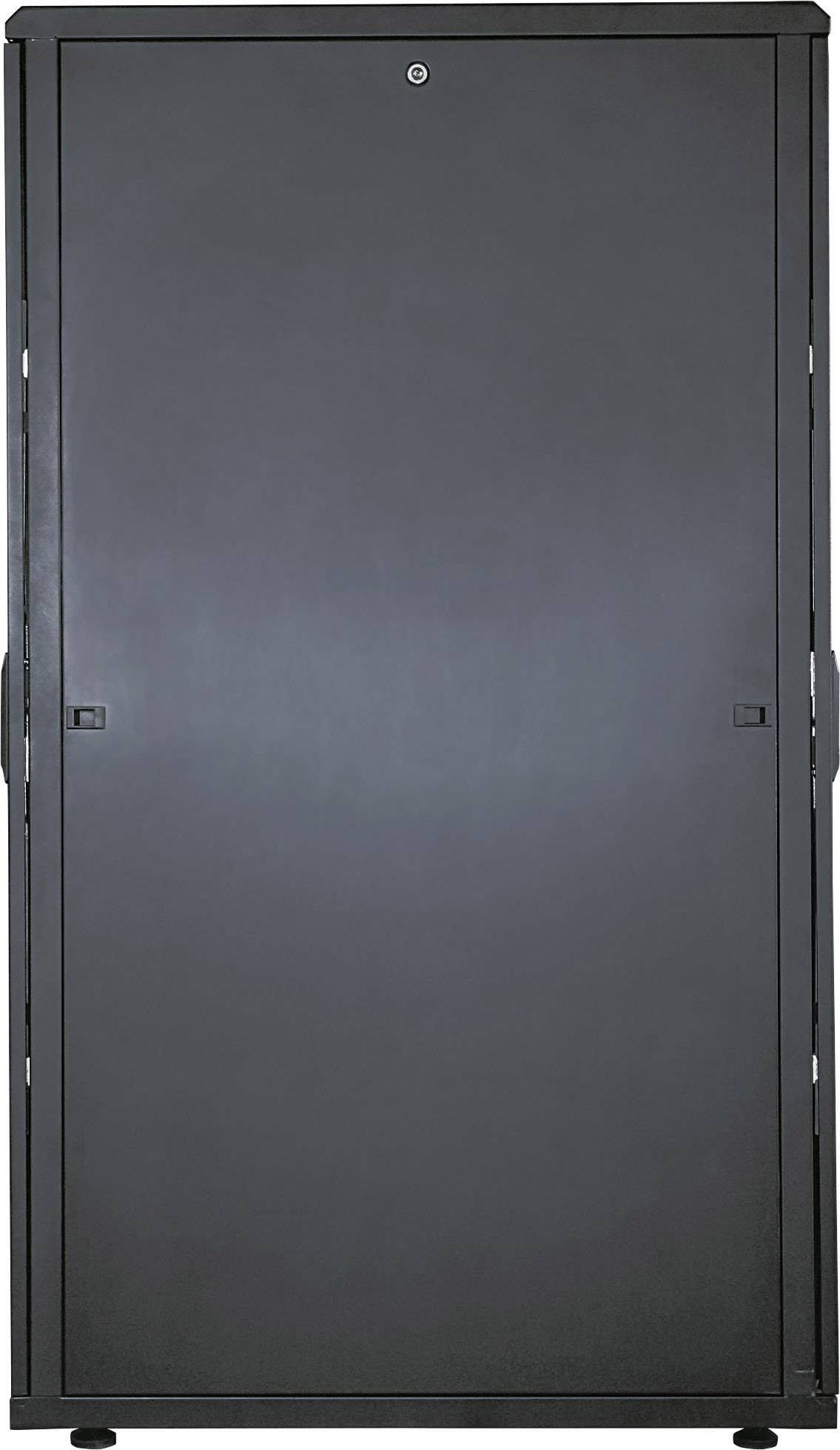 Un armoire en acier noir, fermée, avec un design sobre vu de face.
