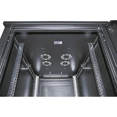 Vue intérieure d'un rack serveur vide, avec des symboles de ventilation et des supports de montage visibles, adapté pour accueillir des équipements informatiques.