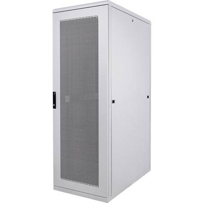 Une grande armoire de serveur grise avec une porte perforée, adaptée pour une utilisation dans les centres de données ou les bureaux.