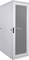 Rack serveur gris avec porte perforée pour la ventilation, poignées latérales et construction robuste, adapté aux serveurs et équipements réseau.