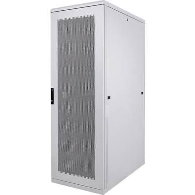 Un armoire serveur grise, rectangulaire, avec des fentes de ventilation sur la façade et une porte sur le côté, adaptée aux équipements techniques.