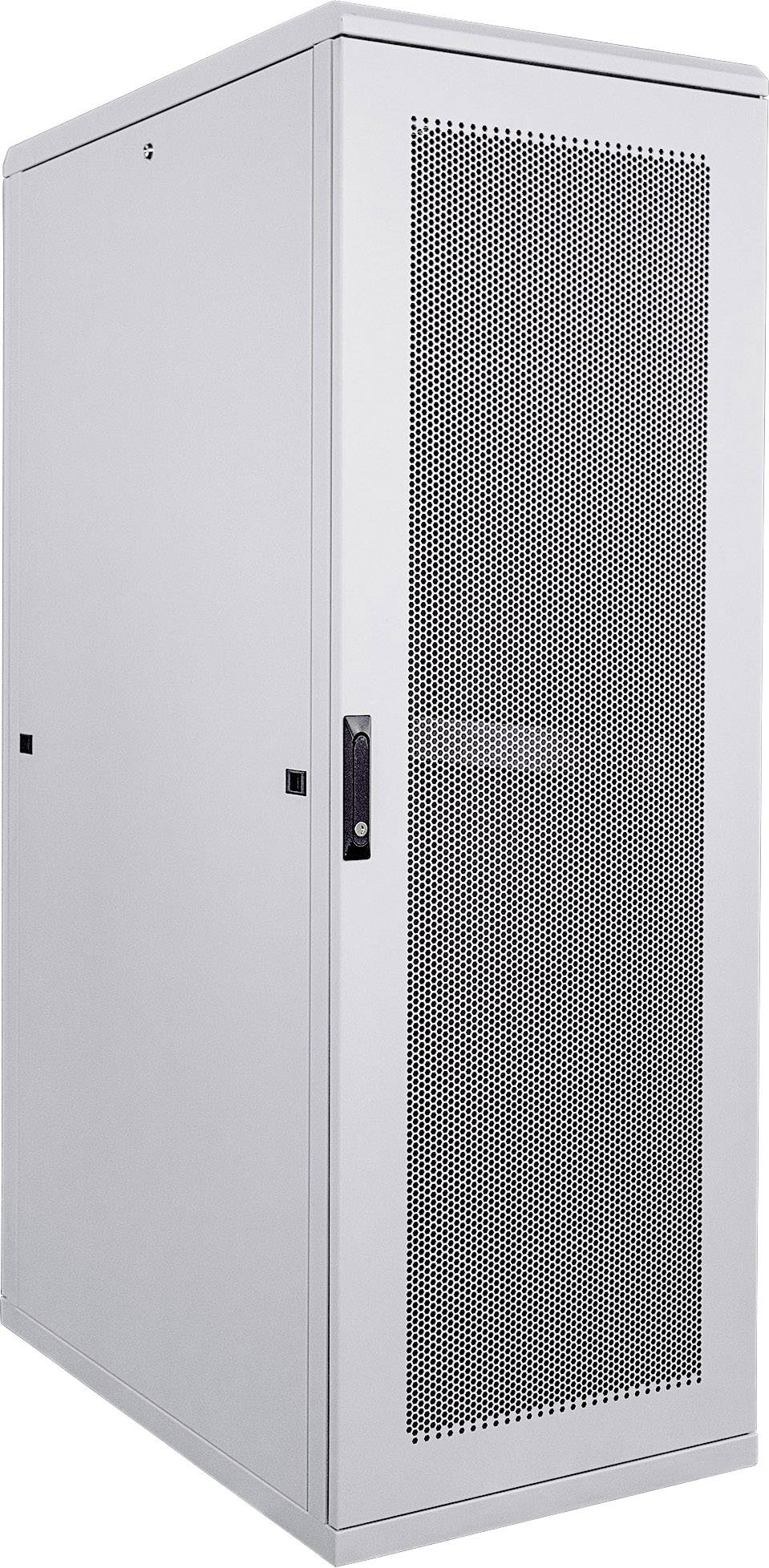 Armoire serveur grise avec porte perforée pour la ventilation, adaptée au stockage et à l'organisation des équipements informatiques.