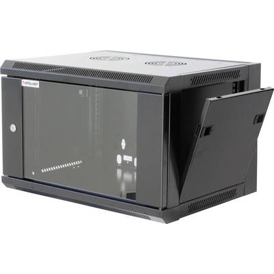 Armoire réseau murale noire avec porte en verre, adaptée pour héberger du matériel informatique. La porte et les côtés sont ouverts.