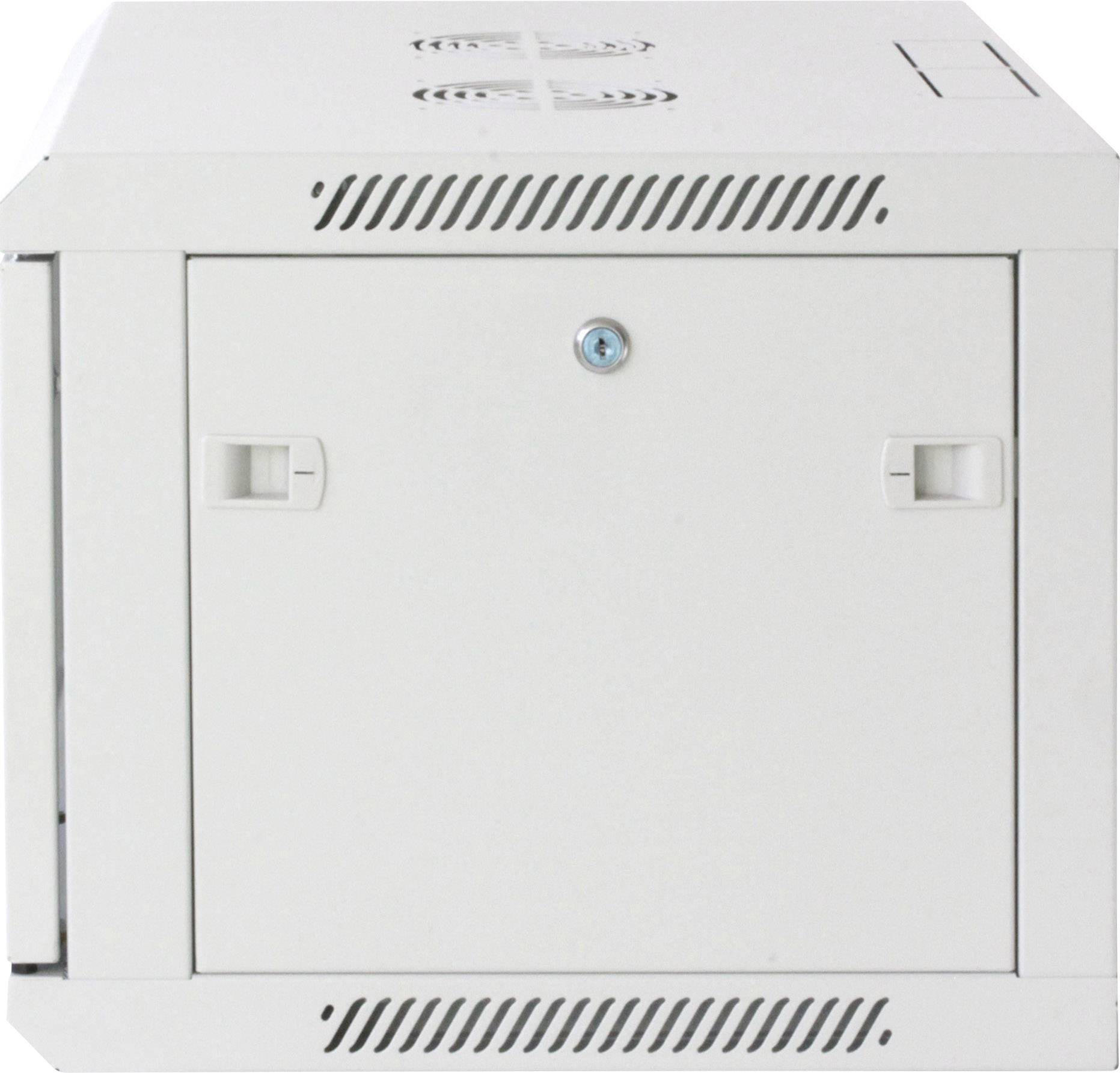 Un placard mural blanc rectangulaire, doté de fentes de ventilation et d'une porte verrouillable, utilisé pour le rangement d'appareils électroniques.
