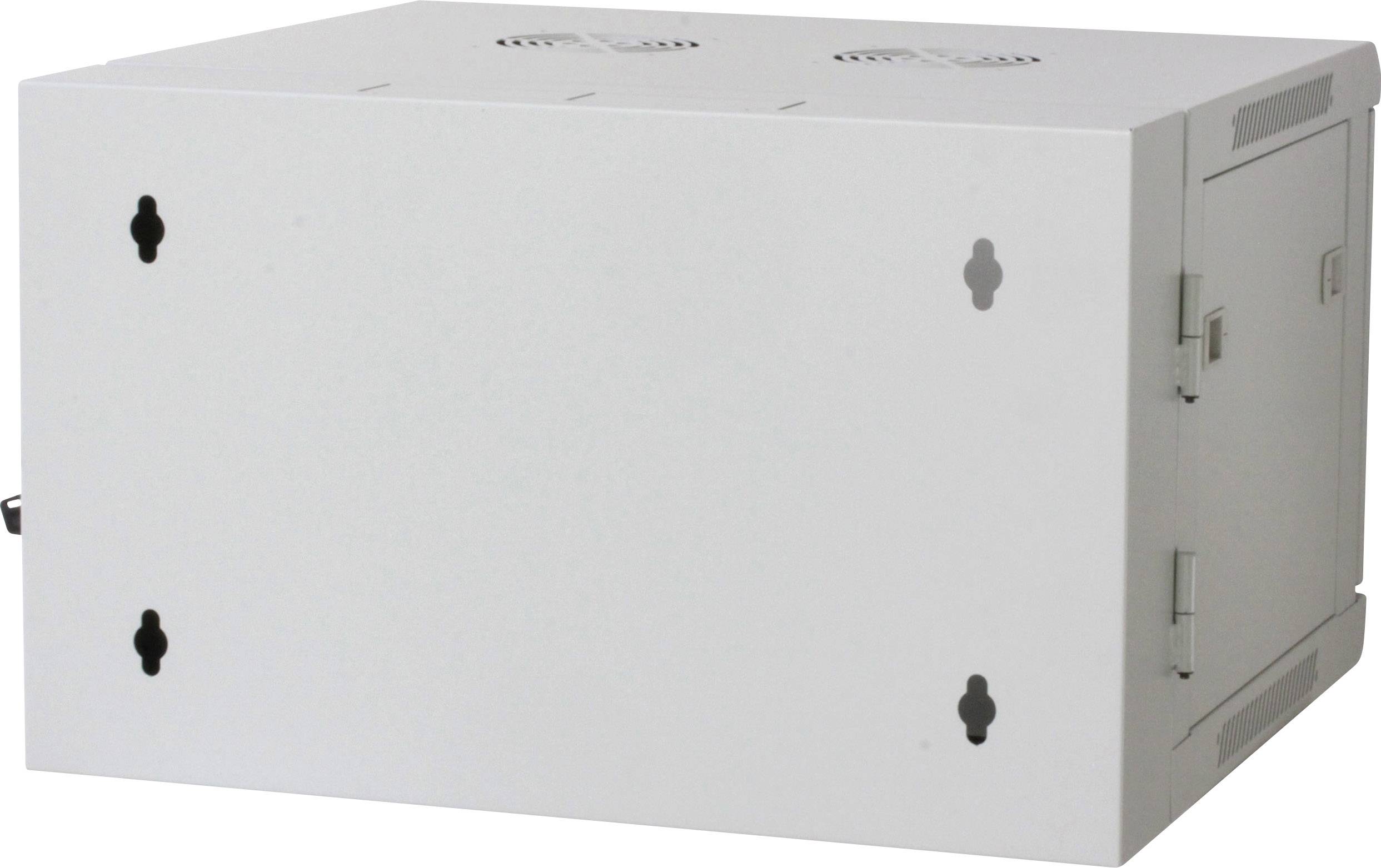 Boîtier métallique avec des trous de ventilation, supports muraux latéraux et supérieurs. Utilisé pour le rangement sécurisé d'équipements techniques.
