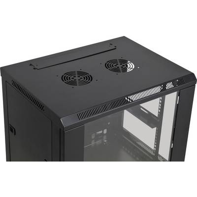 Armoire réseau noire avec des fentes de ventilation et deux ventilateurs sur le dessus, porte latérale partiellement transparente.
