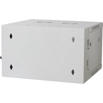 Un coffret métallique blanc, préparé pour un montage mural. Il est doté de fentes de ventilation en haut et sur les côtés.