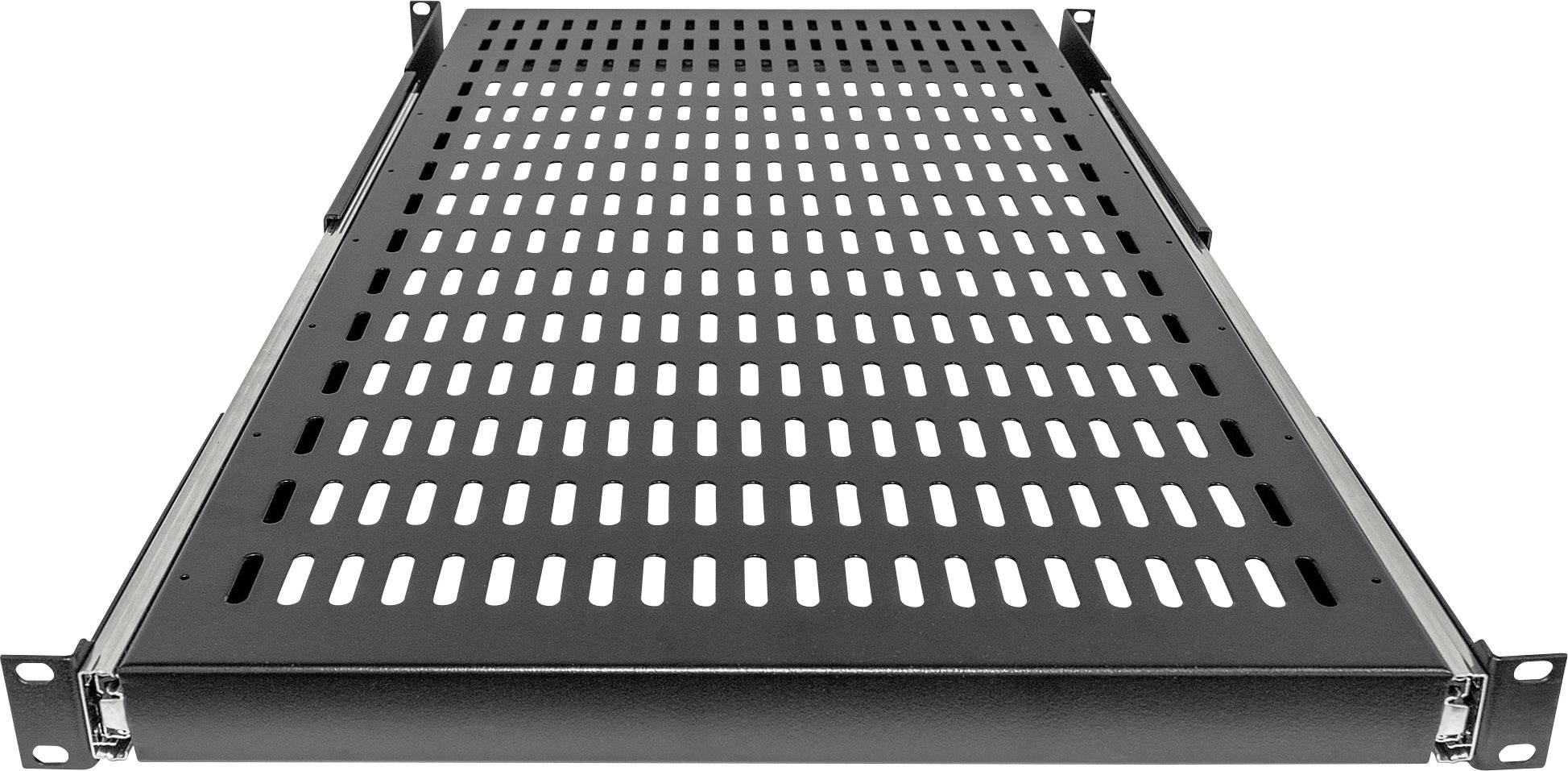 Un étagère métallique noire perforée pour montage en rack serveur, équipée de trous de ventilation pour une meilleure dissipation thermique.