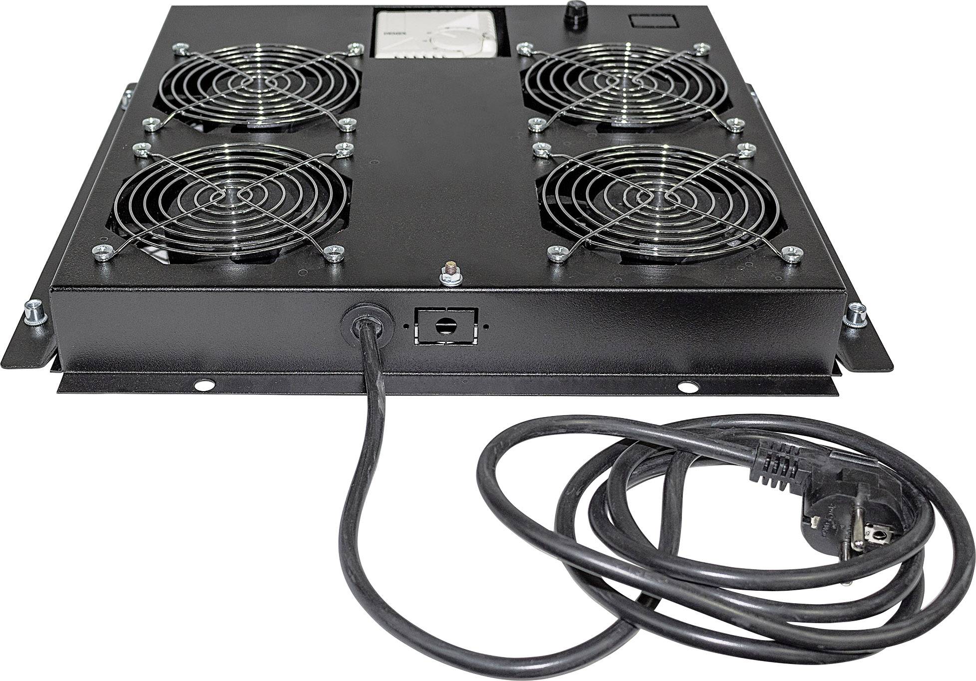 Appareil de refroidissement noir avec quatre ventilateurs et câble d'alimentation, conçu pour la circulation de l'air dans des environnements techniques.