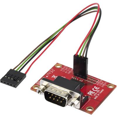 Un adaptateur rouge avec une connexion RS232, relié par des câbles noirs, rouges et verts aboutissant à un connecteur à cinq broches.