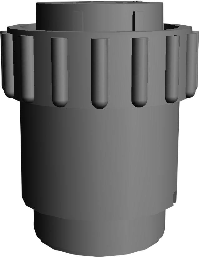 Pièce cylindrique grise avec des rainures verticales sur la partie supérieure, probablement un composant mécanique ou un accessoire technique.