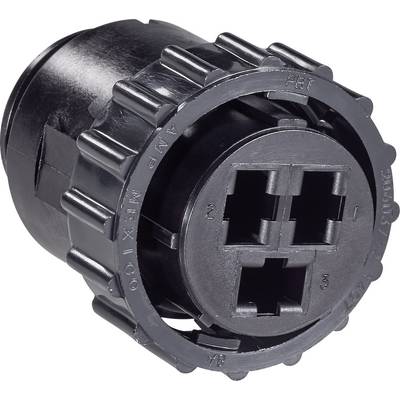 Connecteur noir rond en plastique avec quatre ouvertures rectangulaires, numérotées de 1 à 4, pour des connexions électriques ou réseau.