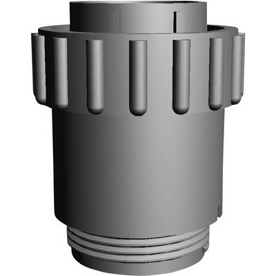 Un rendu 3D d'un objet cylindrique gris avec des rainures verticales sur les côtés et un filetage à la base, probablement une pièce mécanique.