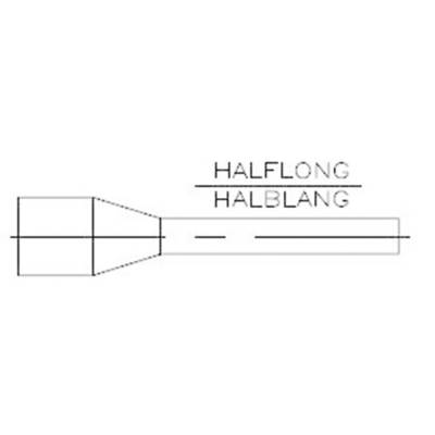 Dessin technique d'un outil portant l'inscription 'HALF LONG/HALBLANG'. Zone élargie à gauche, zone plus étroite à droite.