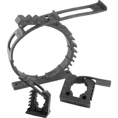 Un collier de serrage en plastique noir avec des bords dentelés et un mécanisme de verrouillage, adapté pour regrouper et maintenir des câbles.
