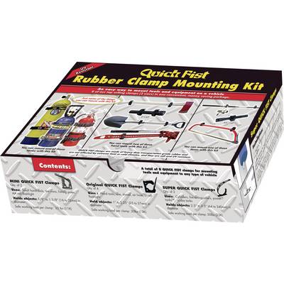 Kit de montage avec pince en caoutchouc 'Quick Fist', montrant divers outils et équipements avec des attaches installées.