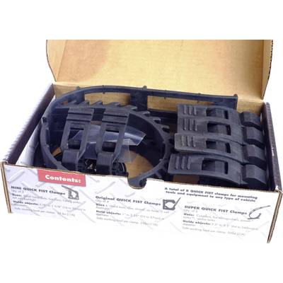 Une boîte ouverte contient plusieurs pinces QUICK FIST pour la fixation d'outils et d'accessoires sur des véhicules.