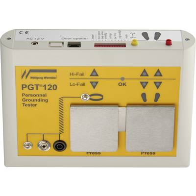 L'image présente un testeur 'PGT®120' pour la mise à la terre personnelle avec un panneau de commande jaune et des indicateurs lisibles pour 'Hi-Fail', 'Lo-Fail' et 'OK'.
