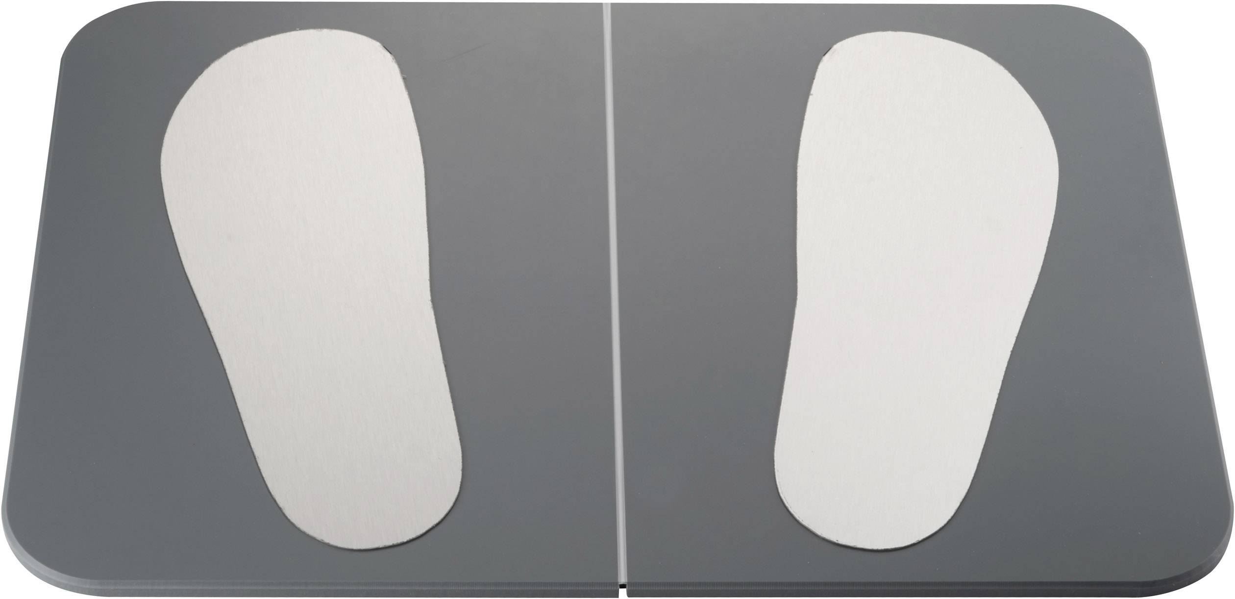 Balance électronique avec plateforme grise et deux empreintes de pieds indiquant le positionnement des pieds.