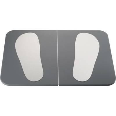 Balance électronique avec plateforme grise et deux empreintes de pieds indiquant le positionnement des pieds.
