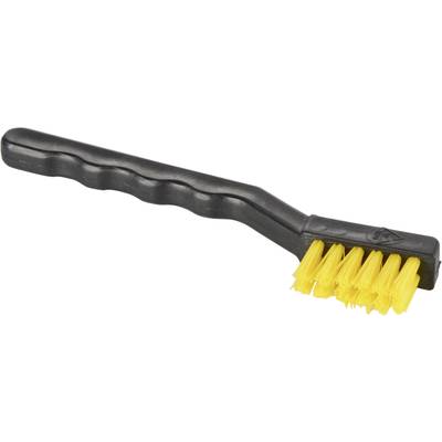 Brosse noire avec tête de poils jaunes, manche ondulé. Adaptée pour le nettoyage de petites surfaces ou de zones difficiles d'accès.