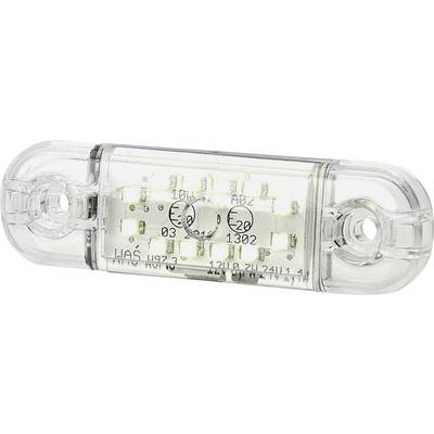 Un éclairage LED rectangulaire et transparent pour véhicules. Comprend plusieurs petites LED et des marquages avec des détails techniques.